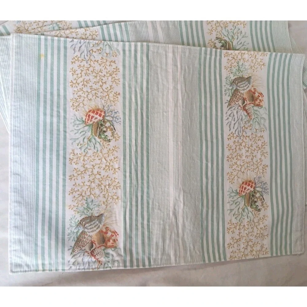4 Fabric Table Placemats Seashells Coral Green Stripes Beach 12 x 17 Inches READ